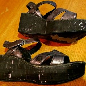 Born pewter and black wedge sandals
